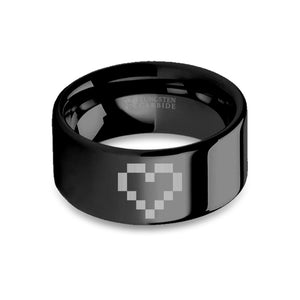 8-bit Pixelated Heart Retro Gamer Engraved Black Tungsten Ring