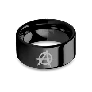 Anarchy Symbol Laser Engraved Black Plated Tungsten Ring
