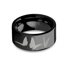 Load image into Gallery viewer, Butterflies Insect Engraved Black Tungsten Wedding Ring, Polished