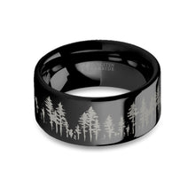 Load image into Gallery viewer, Outdoors Forest Tree Line Landscape Engraved Black Tungsten Ring