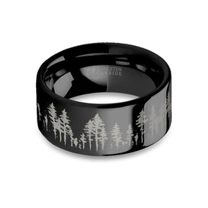 Outdoors Forest Tree Line Landscape Engraved Black Tungsten Ring