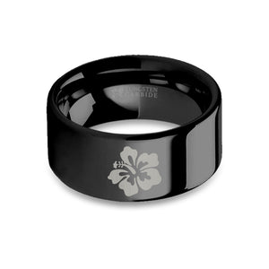 Hibiscus Flower Engraved Black Tungsten Wedding Band, Polished