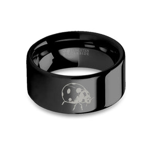 Ladybug Insect Engraved Black Tungsten Wedding Ring, Polished
