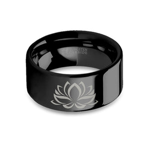 Lotus Flower Zen Engraved Black Tungsten Wedding Ring, Polished