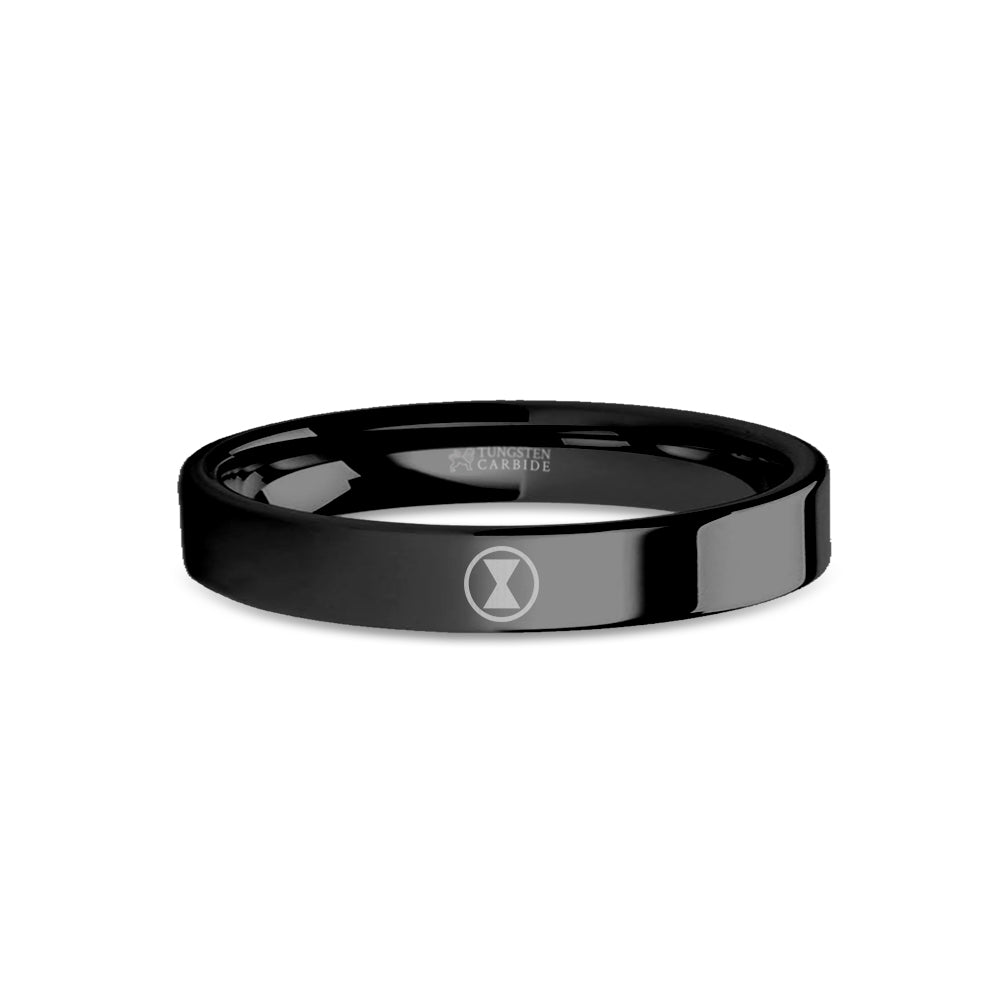 Black Widow Spider Hourglass Logo Engraved Black Tungsten Ring