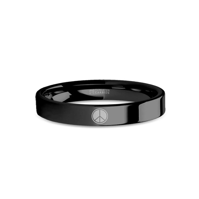 Peace Sign Laser Engraved Black Tungsten Carbide Wedding Band