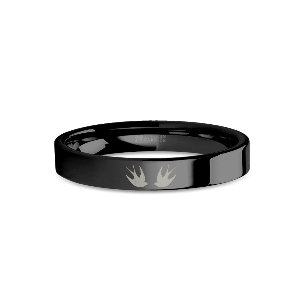 Swallow Birds Engraved Black Tungsten Wedding Band, Polished