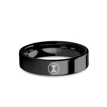 Load image into Gallery viewer, Black Widow Spider Hourglass Logo Engraved Black Tungsten Ring