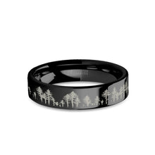 Load image into Gallery viewer, Outdoors Forest Tree Line Landscape Engraved Black Tungsten Ring