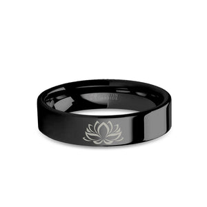 Lotus Flower Zen Engraved Black Tungsten Wedding Ring, Polished