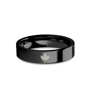 Canada Maple Leaf Engraved Black Tungsten Wedding Ring, Polished