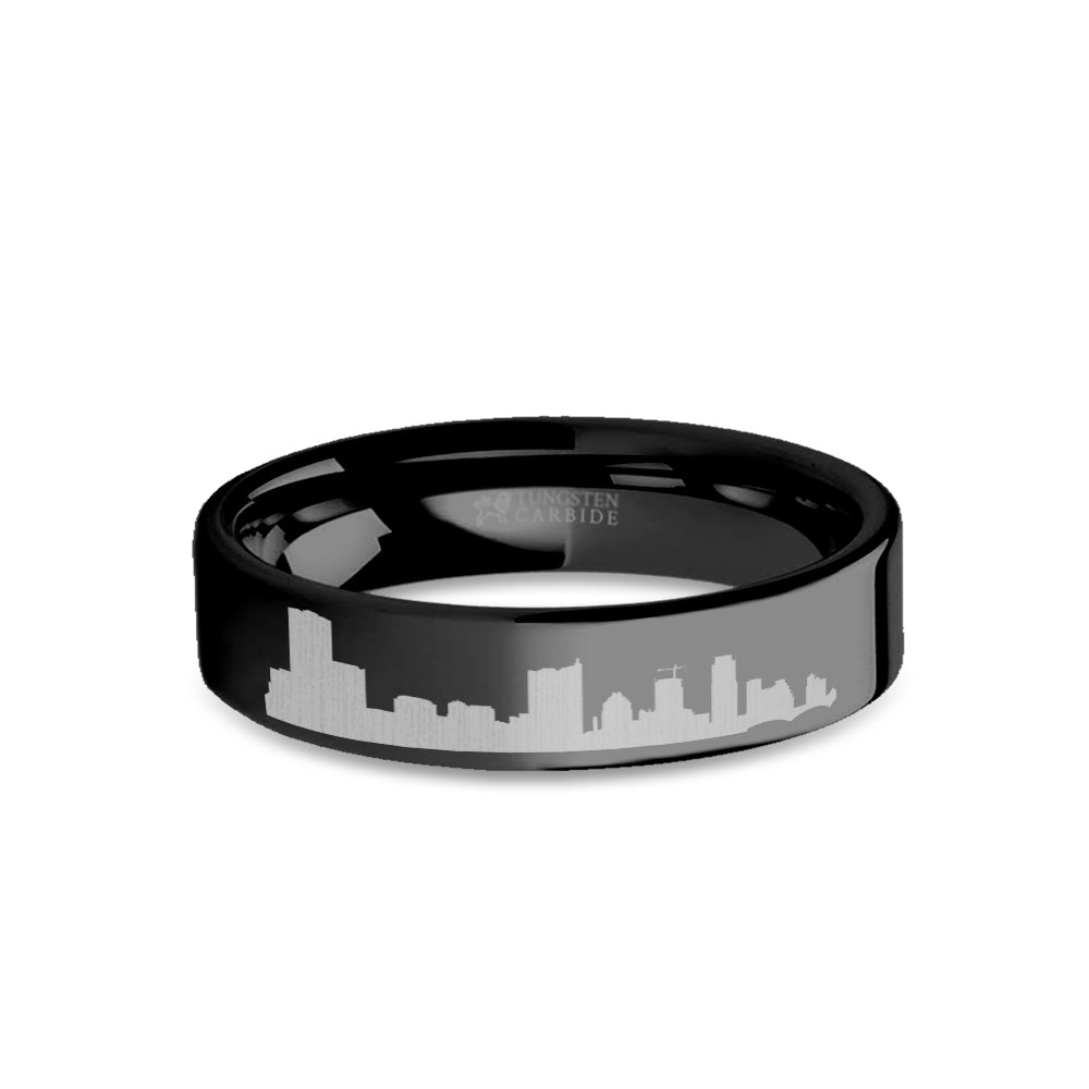 Austin City Skyline Cityscape Laser Engraved Black Tungsten Ring