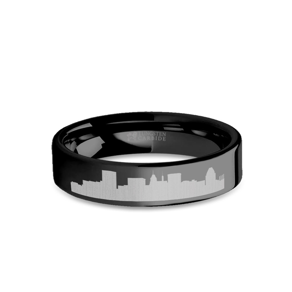 Baltimore City Skyline Cityscape Engraved Black Tungsten Ring