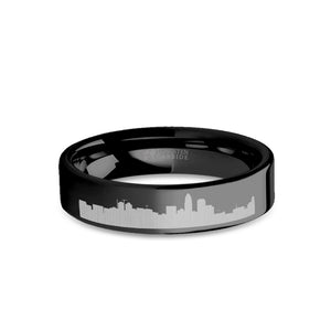 Charlotte City Skyline Cityscape Engraved Black Tungsten Ring