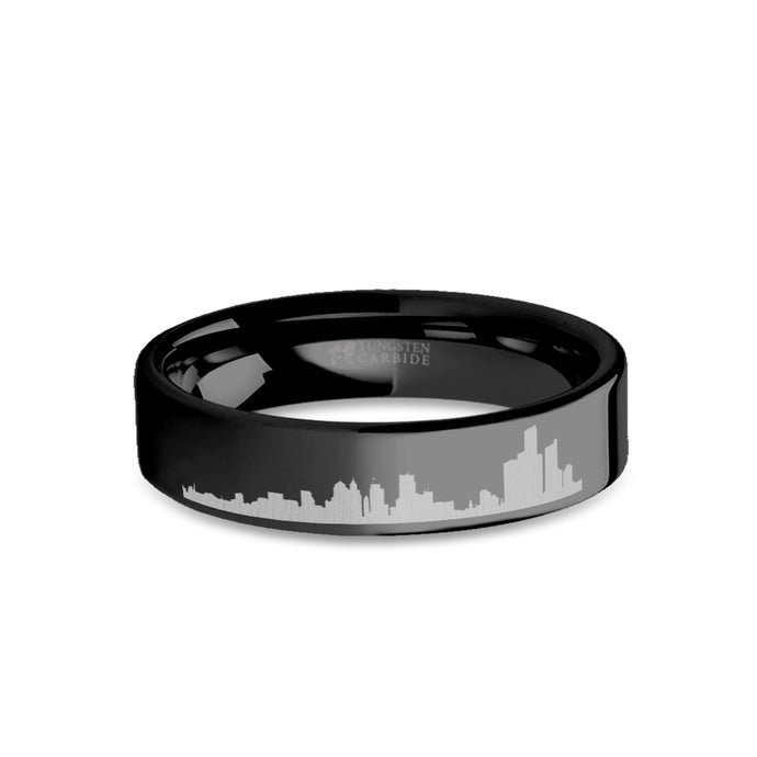 Detroit City Skyline Cityscape Engraved Black Tungsten Ring