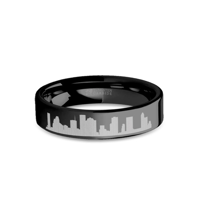 Houston City Skyline Cityscape Engraved Black Tungsten Ring