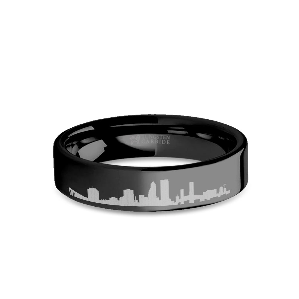 Jacksonville City Skyline Cityscape Engraved Black Tungsten Ring