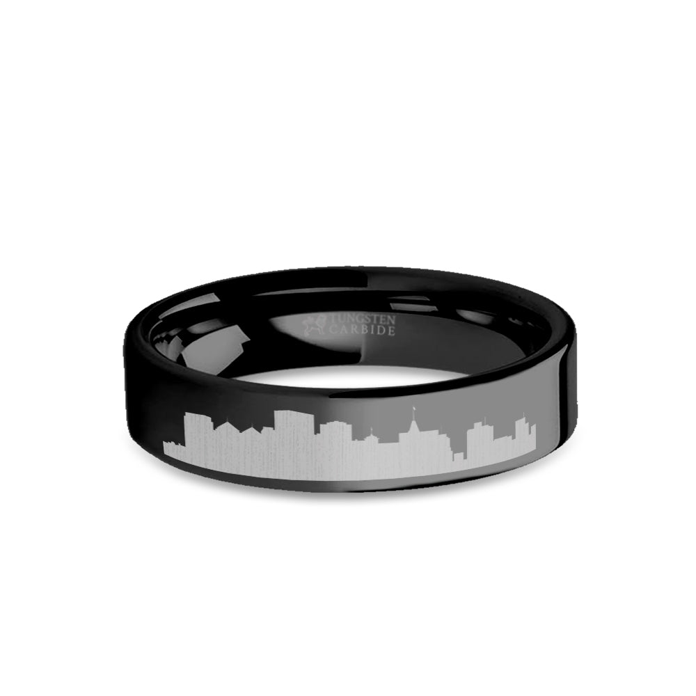 Oakland City Skyline Cityscape Engraved Black Tungsten Ring