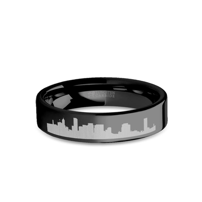 Portland City Skyline Cityscape Engraved Black Tungsten Ring