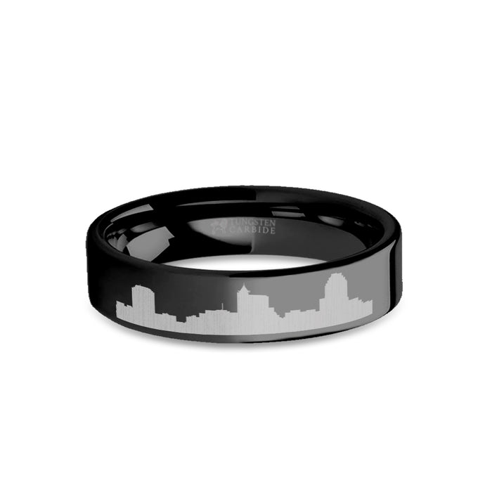 Raleigh City Skyline Cityscape Engraved Black Tungsten Ring