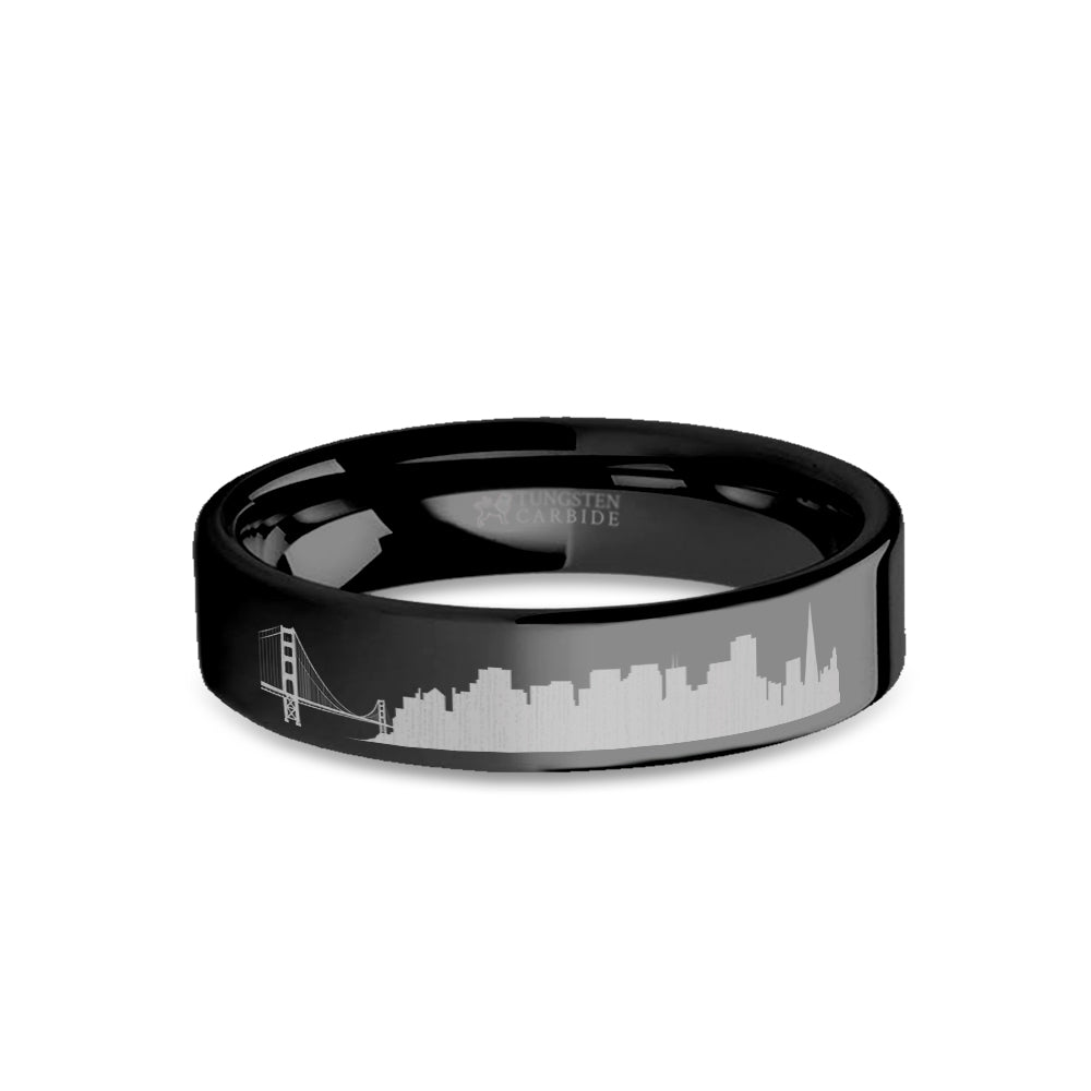 San Francisco City Skyline Cityscape Engraved Black Tungsten Ring