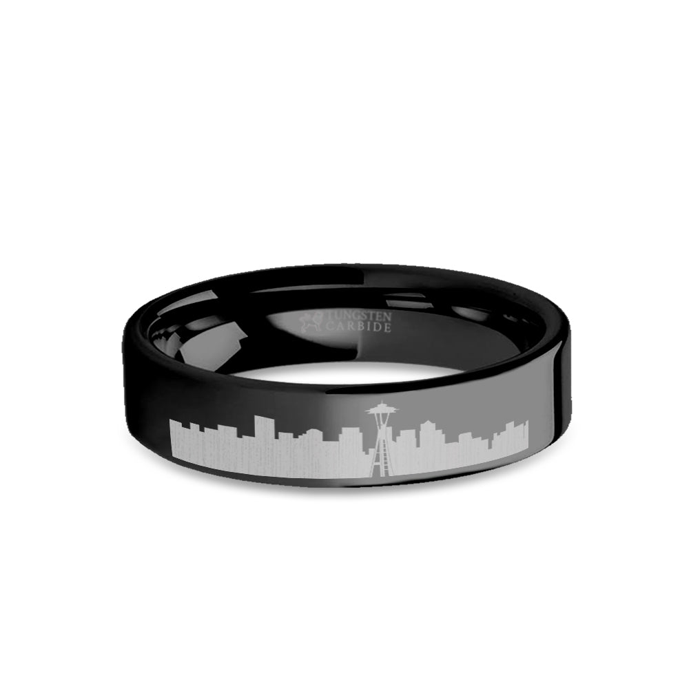 Seattle City Skyline Cityscape Engraved Black Tungsten Ring