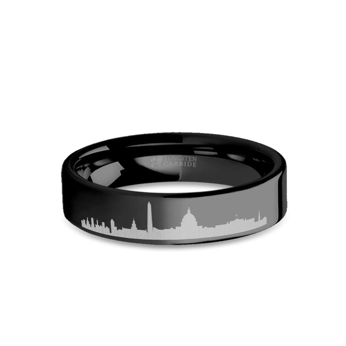 Washington DC City Skyline Cityscape Engraved Black Tungsten Ring