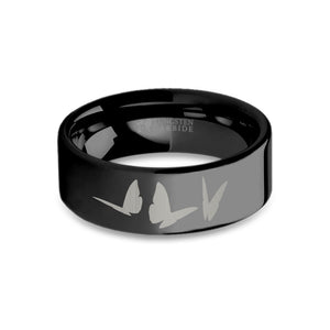 Butterflies Insect Engraved Black Tungsten Wedding Ring, Polished