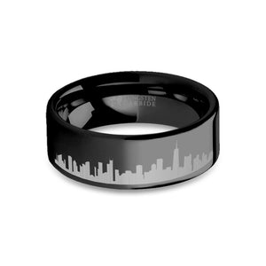 Chicago City Skyline Cityscape Engraved Black Tungsten Ring