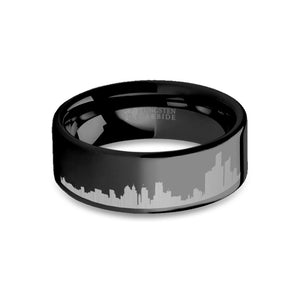 Detroit City Skyline Cityscape Engraved Black Tungsten Ring