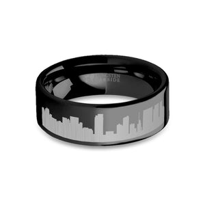 Honolulu City Skyline Cityscape Engraved Black Tungsten Ring
