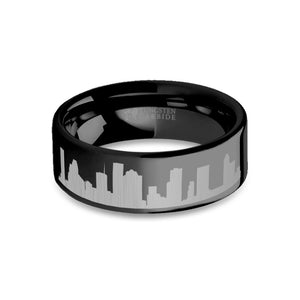 Houston City Skyline Cityscape Engraved Black Tungsten Ring