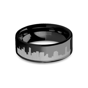 Portland City Skyline Cityscape Engraved Black Tungsten Ring