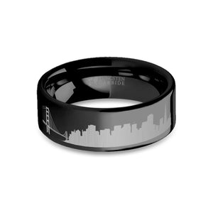 San Francisco City Skyline Cityscape Engraved Black Tungsten Ring