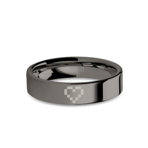 Video Game Wedding Ring 8-bit Pixel Heart Gunmetal Gray Tungsten
