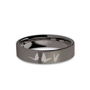 Butterflies Insects Engraved Gunmetal Gray Tungsten Ring, Brushed