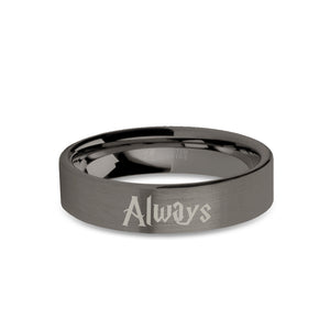 Wizard Font "Always" Engraved Gunmetal Tungsten Ring, Brushed