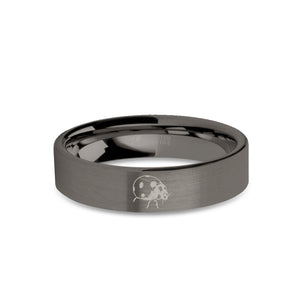 Ladybug Insect Engraved Gunmetal Tungsten Wedding Ring, Brushed