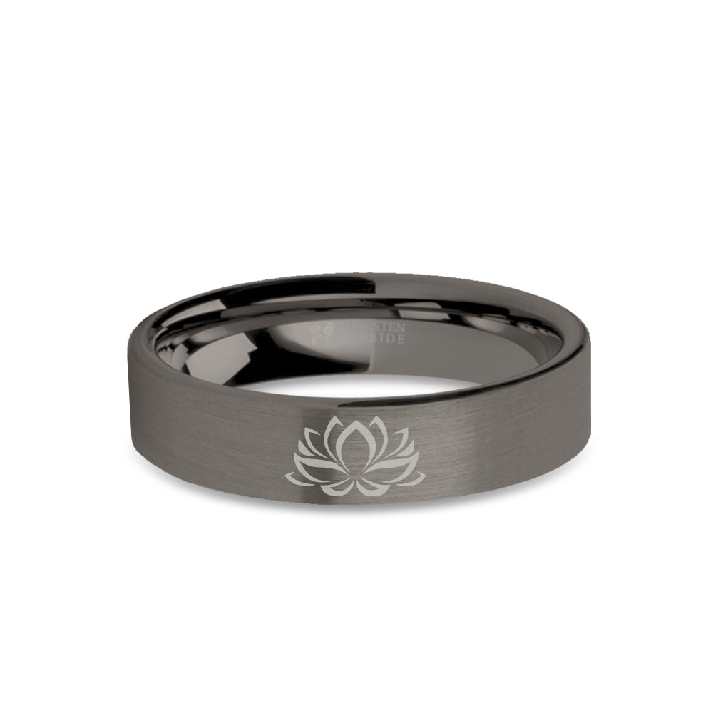 Lotus Flower Zen Laser Engraved Gunmetal Tungsten Ring, Brushed