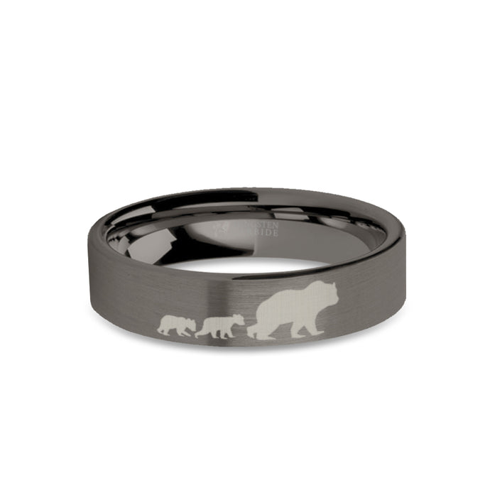 Cute Bear Cubs Engraved Gunmetal Gray Tungsten Ring, Brushed