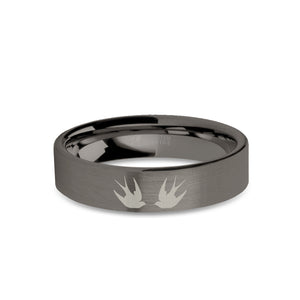 Swallows Laser Engraved Gunmetal Tungsten Wedding Ring, Brushed
