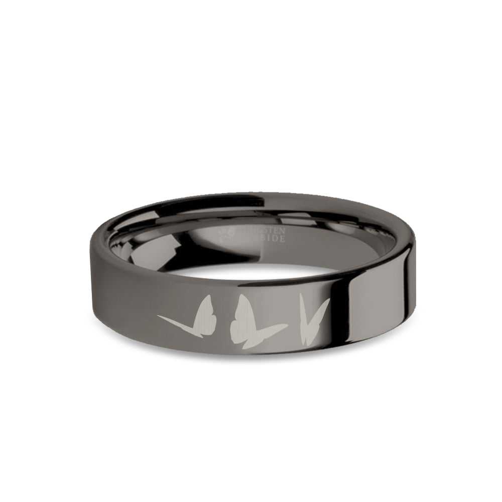 Butterflies Insect Engraved Gunmetal Gray Tungsten Ring, Polished