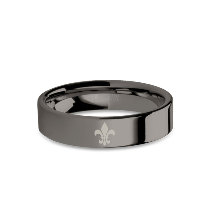 Fleur de Lis Symbol Laser Engraved Gunmetal Tungsten Wedding Ring