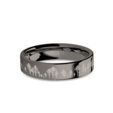 Load image into Gallery viewer, Hand-drawn Forest Tree Line Landscape Gunmetal Gray Tungsten Ring