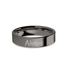 Load image into Gallery viewer, Wizard Font &quot;Always&quot; Laser Engraved Gunmetal Gray Tungsten Ring