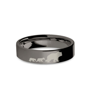 Cute Bear Cubs Engraved Gunmetal Gray Tungsten Ring, Polished