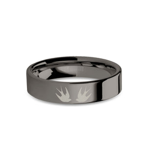 Swallows Engraved Gunmetal Gray Tungsten Wedding Band, Polished