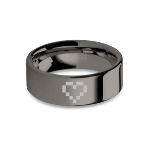 Video Game Wedding Ring 8-bit Pixel Heart Gunmetal Gray Tungsten