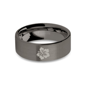 Hibiscus Flower Engraved Gunmetal Tungsten Wedding Ring, Brushed