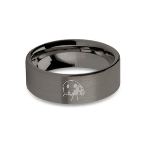 Ladybug Insect Engraved Gunmetal Tungsten Wedding Ring, Brushed
